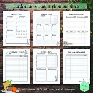 Puede incluir: P&aacute;ginas imprimibles de planificador de jard&iacute;n con ilustraciones en blanco y negro. Las p&aacute;ginas incluyen secciones para tareas de jardiner&iacute;a, presupuesto de jardiner&iacute;a, presupuesto de productos, ideas de jardiner&iacute;a y organizador de jard&iacute;n.