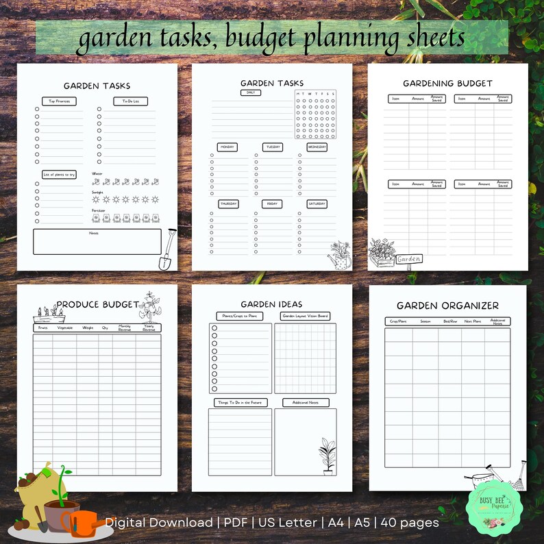 Puede incluir: P&aacute;ginas imprimibles de planificador de jard&iacute;n con ilustraciones en blanco y negro. Las p&aacute;ginas incluyen secciones para tareas de jardiner&iacute;a, presupuesto de jardiner&iacute;a, presupuesto de productos, ideas de jardiner&iacute;a y organizador de jard&iacute;n.
