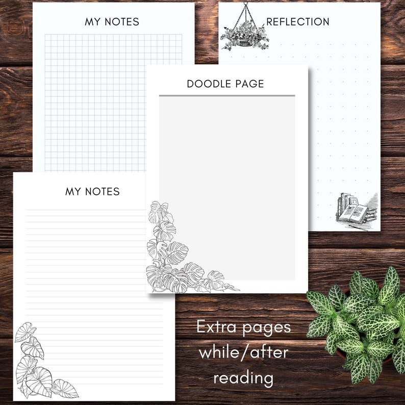 May include: Printable planner pages with a doodle page, reflection page, and two pages for notes. The pages have a grid pattern, lined pattern, and a dotted pattern. The pages are decorated with a hanging plant and a monstera leaf design.