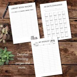 May include: Three printable black and white book tracker pages. The first page is titled "Library Book Tracker" and has columns for title, borrowed from, due date, and returned. The second page is titled "30 Days Challenge" and has 30 boxes for book titles. The third page is titled "My Wishlist" and has columns for book title, author, genre, and thoughts.