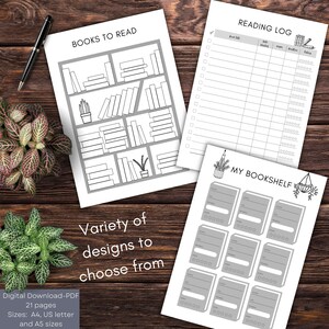 May include: Printable planner pages with a bookshelf design, reading log, and a section for "Books to Read". The pages are black and white with gray accents.