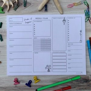 Weekly Plan Notepad - Make It Happen | To Do List Notepad | Daily Schedule | Tear Off Notepad | Letter size Habit tracker | desktop planner