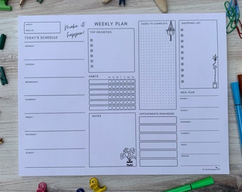 Weekly Plan Notepad - Make It Happen | To Do List Notepad | Daily Schedule | Tear Off Notepad | Letter size Habit tracker | desktop planner