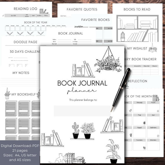 Book Journal Planner- 21 pages - Printable + Digital Reading Planner, Reading Log, Reading Tracker pdf, planner insert