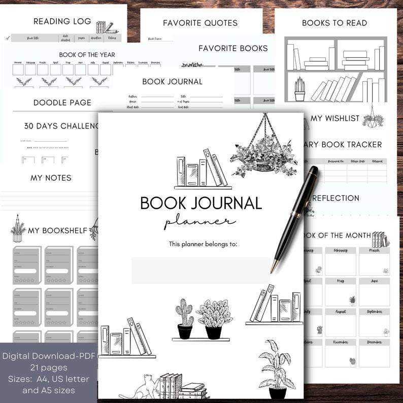 Book Journal Planner- 21 pages - Printable Reading Planner, Reading Log, Reading Tracker pdf, planner insert 