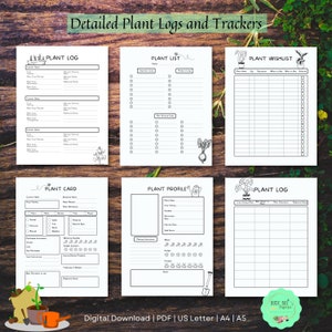 Puede incluir: P&aacute;ginas imprimibles de registro y seguimiento de plantas con un dise&ntilde;o en blanco y negro. Las p&aacute;ginas incluyen secciones para el nombre de la planta, la fecha de plantaci&oacute;n, la fecha de cosecha, notas y m&aacute;s. Las p&aacute;ginas est&aacute;n dise&ntilde;adas para ayudar a los jardineros a llevar un registro de sus plantas.
