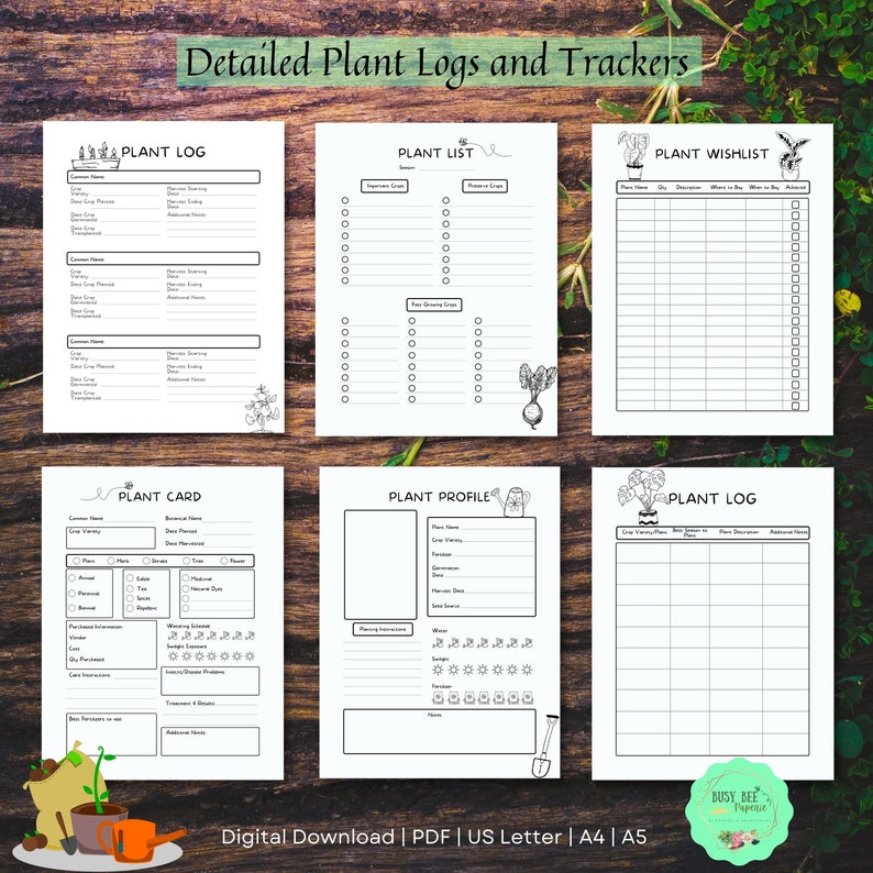 Puede incluir: P&aacute;ginas imprimibles de registro y seguimiento de plantas con un dise&ntilde;o en blanco y negro. Las p&aacute;ginas incluyen secciones para el nombre de la planta, la fecha de plantaci&oacute;n, la fecha de cosecha, notas y m&aacute;s. Las p&aacute;ginas est&aacute;n dise&ntilde;adas para ayudar a los jardineros a llevar un registro de sus plantas.