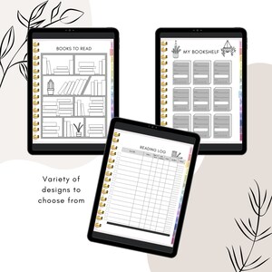 May include: Three digital planner pages for a reading journal. The first page is a bookshelf with the text "My Bookshelf". The second page is a list of books to read with the text "Books to Read". The third page is a reading log with the text "Reading Log".