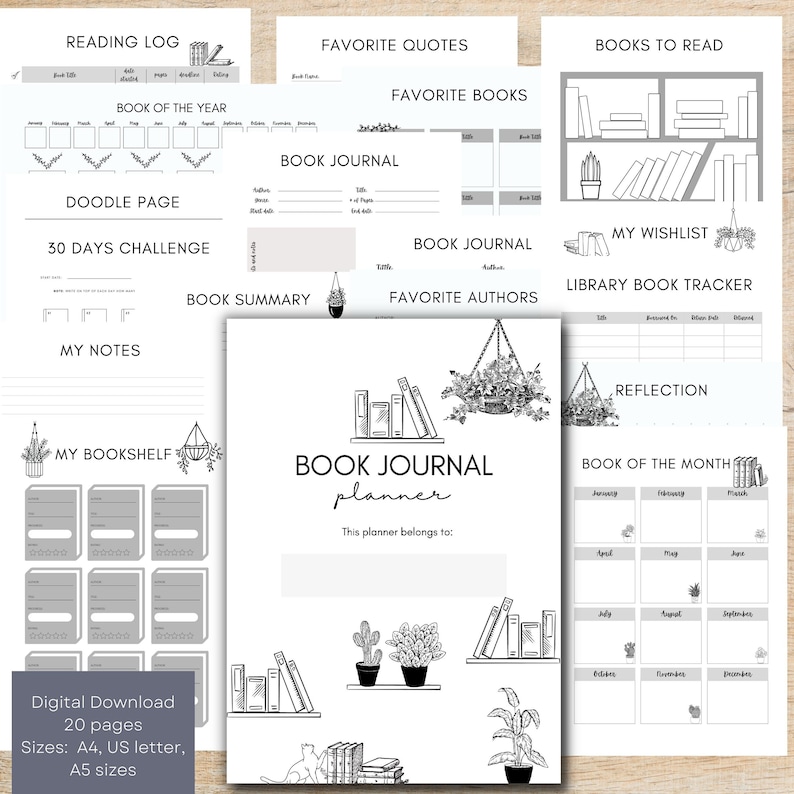 Book Journal Planner- 20 pages - Printable Reading Planner, Reading Log, Reading Tracker pdf, planner insert 