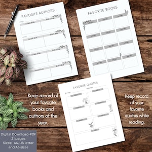 May include: Printable PDF journal pages with a black and white floral design. The pages are titled "Favorite Authors", "Favorite Books", and "Favorite Quotes".