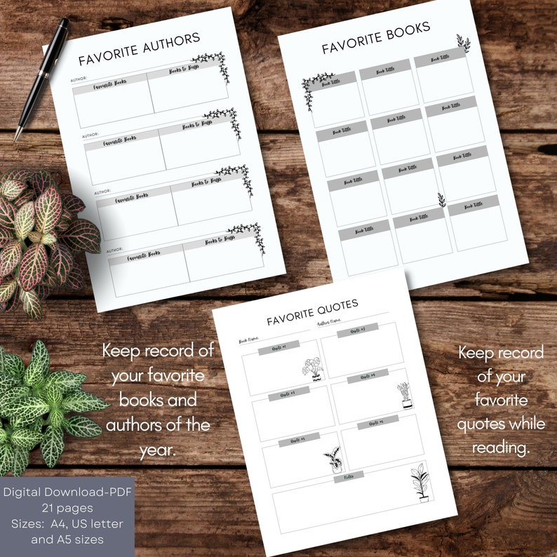 May include: Printable PDF journal pages with a black and white floral design. The pages are titled "Favorite Authors", "Favorite Books", and "Favorite Quotes".