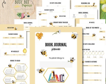 Busy Bee Book Journal Planner- 21 páginas - Planificador de lectura imprimible, Registro de lectura, Rastreador de lectura pdf, inserción del planificador