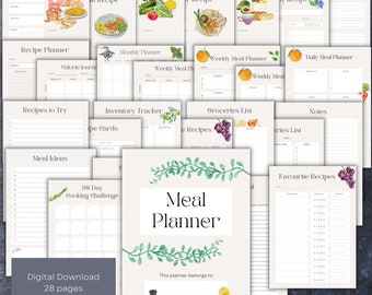 Planificador de comidas y lista de compras - 28 páginas - Planificador de comidas imprimible, Organizador de cocina, Diseño de acuarela