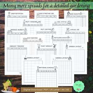 Puede incluir: Planificador de jardiner&iacute;a imprimible con ilustraciones en blanco y negro de plantas y herramientas de jardiner&iacute;a. El planificador incluye p&aacute;ginas para la rotaci&oacute;n de cultivos, el registro de inicio de semillas, el inventario de semillas, el registro de plagas y enfermedades, el estado del suelo, el presupuesto de productos, el seguimiento de la cosecha, el control de plagas, la compra de semillas, la lista de deseos de plantas, el inventario de fertilizantes, el registro de gastos y el dise&ntilde;o del jard&iacute;n. El planificador est&aacute; disponible como descarga digital en los tama&ntilde;os US Letter, A4 y A5.