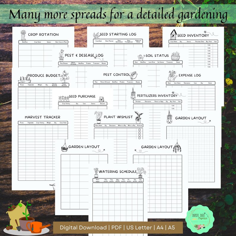 Puede incluir: Planificador de jardiner&iacute;a imprimible con ilustraciones en blanco y negro de plantas y herramientas de jardiner&iacute;a. El planificador incluye p&aacute;ginas para la rotaci&oacute;n de cultivos, el registro de inicio de semillas, el inventario de semillas, el registro de plagas y enfermedades, el estado del suelo, el presupuesto de productos, el seguimiento de la cosecha, el control de plagas, la compra de semillas, la lista de deseos de plantas, el inventario de fertilizantes, el registro de gastos y el dise&ntilde;o del jard&iacute;n. El planificador est&aacute; disponible como descarga digital en los tama&ntilde;os US Letter, A4 y A5.
