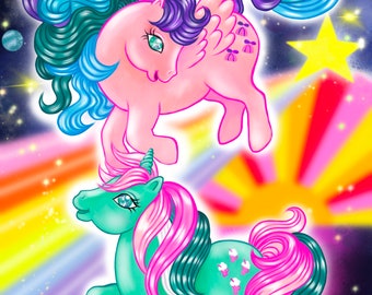 May include: Two pastel-colored toy ponies with rainbow manes and tails are flying in a starry sky. The pony on top is pink with a purple mane and tail, while the pony on the bottom is green with a pink and green mane and tail.