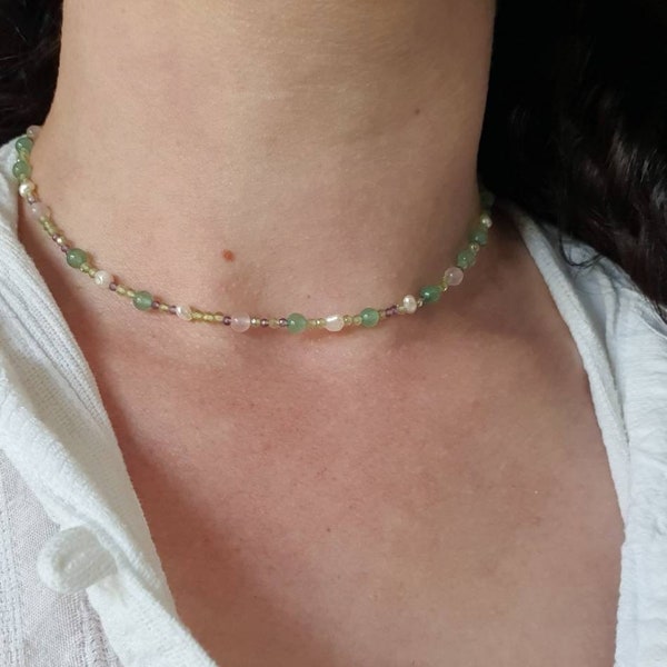 Beaded gemstone and pearl sterling silver choker necklace | Aventurine, rose quartz, peridot, amethyst and pearl beaded necklace