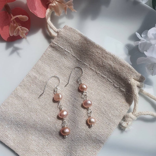 Freshwater rose pink pearl and sterling silver drop earrings | Dainty dusky pink pearl dangle earrings | Bridesmaid earrings