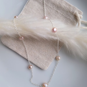 Freshwater pearl station necklace with recycled sterling silver chain | Dainty handmade pink pearl necklace | Modern pearl necklace