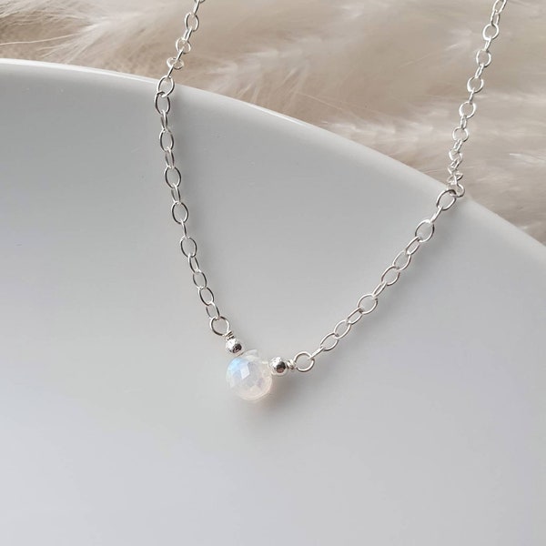 Minimalist rainbow moonstone pendant and sterling silver necklace | Tiny gemstone bridal necklace | Dainty 925 sterling silver necklace