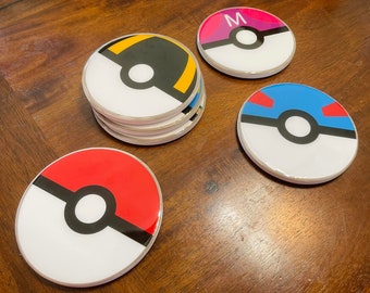 Gotta Catch Em All! Poke Ball - Coasters Ceramic Tile Corked Bottom with Vinyl Epoxy Sealed - 4 or 6 Count