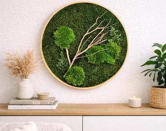 Round moss picture - Moss picture with wood - Natural wall decor - Moss wall art - Moss picture for living room - High-quality wall art for living room