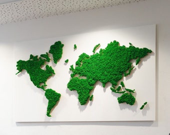 Moosbild Weltkarte - Weltkarte aus Moos - Moos Weltkarte - Wandbild Weltkarte - Islandmoos Weltkarte - Moosbild Weltkarte auf Trägerplatte