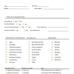 Puede incluir: Una lista de preferencias de parto imprimible con secciones para el manejo del dolor, las posiciones de parto, las preferencias después del parto, los medicamentos para el bebé y notas. La lista incluye opciones para medicamentos para el dolor, posiciones de parto, pinzamiento tardío del cordón umbilical, controles del recién nacido retrasados, la hora dorada, la lactancia materna, la alimentación con biberón, la circuncisión en el hospital, la circuncisión ambulatoria, la vitamina K, la hepatitis B y el ungüento oftálmico antibiótico.
