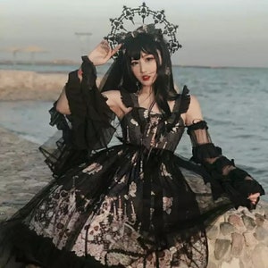 Japanese Goth Lolita Dress for Women Vintage Victorian Sleeveless Bow Princess Party Dress Chic Print Lolita Outfit image 1