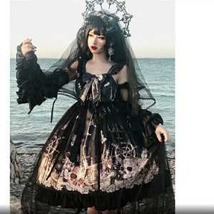 Japanese Goth Lolita Dress for Women Vintage Victorian Sleeveless Bow Princess Party Dress Chic Print Lolita Outfit image 5