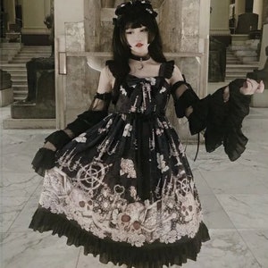 Japanese Goth Lolita Dress for Women Vintage Victorian Sleeveless Bow Princess Party Dress Chic Print Lolita Outfit image 6