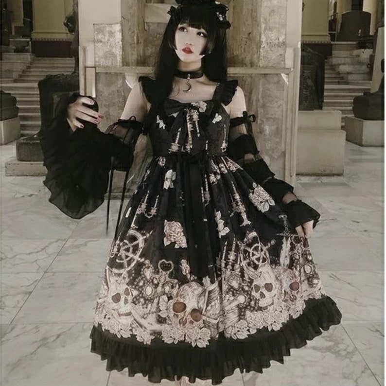 Japanese Goth Lolita Dress for Women Vintage Victorian Sleeveless Bow Princess Party Dress Chic Print Lolita Outfit image 7