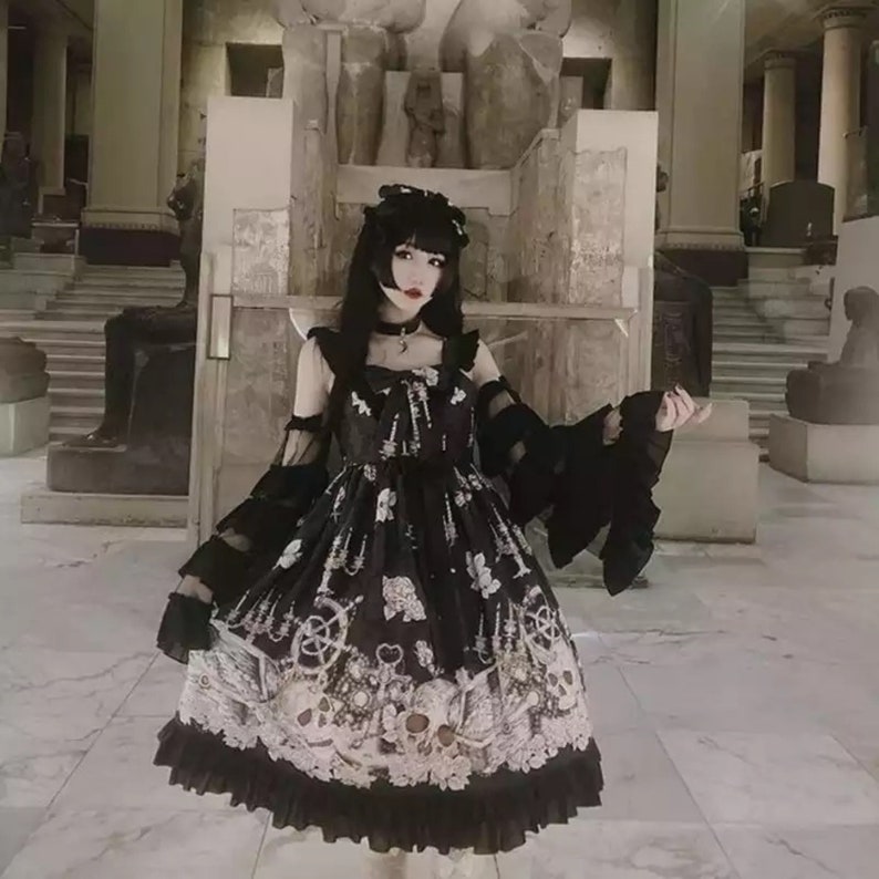 Japanese Goth Lolita Dress for Women Vintage Victorian Sleeveless Bow Princess Party Dress Chic Print Lolita Outfit image 4