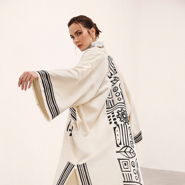 Linen Bohemian Kimono Jacket | Wood Block Printed Kimono Dress | Linen Japanese Robe