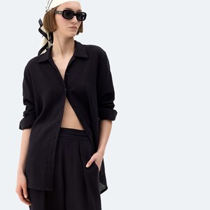 Black Linen Oversized Shirt | Cotton-Linen Button-Up Shirt