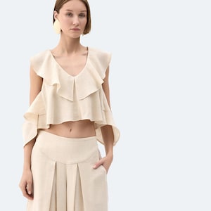 Natural Linen Ruffled Blouse | Cape Shoulder Top