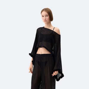 Black Crochet Blouse | Cotton Crochet Top | Poncho Top with Pom-Pom Trim