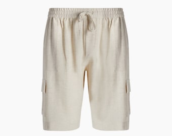 Men's Linen Cargo Shorts | Natural Cargo Short | Elastic Waist Shorts