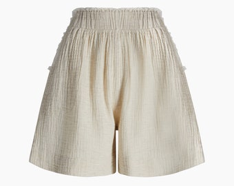 Crinkle Shorts | Cotton Relaxed Shorts with Pockets | Muslin Fabric Shorts | Bermuda Shorts