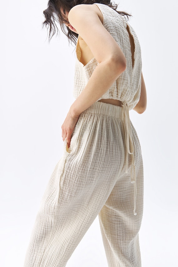 Crinkle Slouchy Pants Cotton Pants Muslin Fabric Trousers Cotton