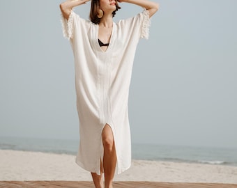 Caftan de linho texturizado | Vestido natural de algodão com fenda | Vestido caftan boho com decote em V