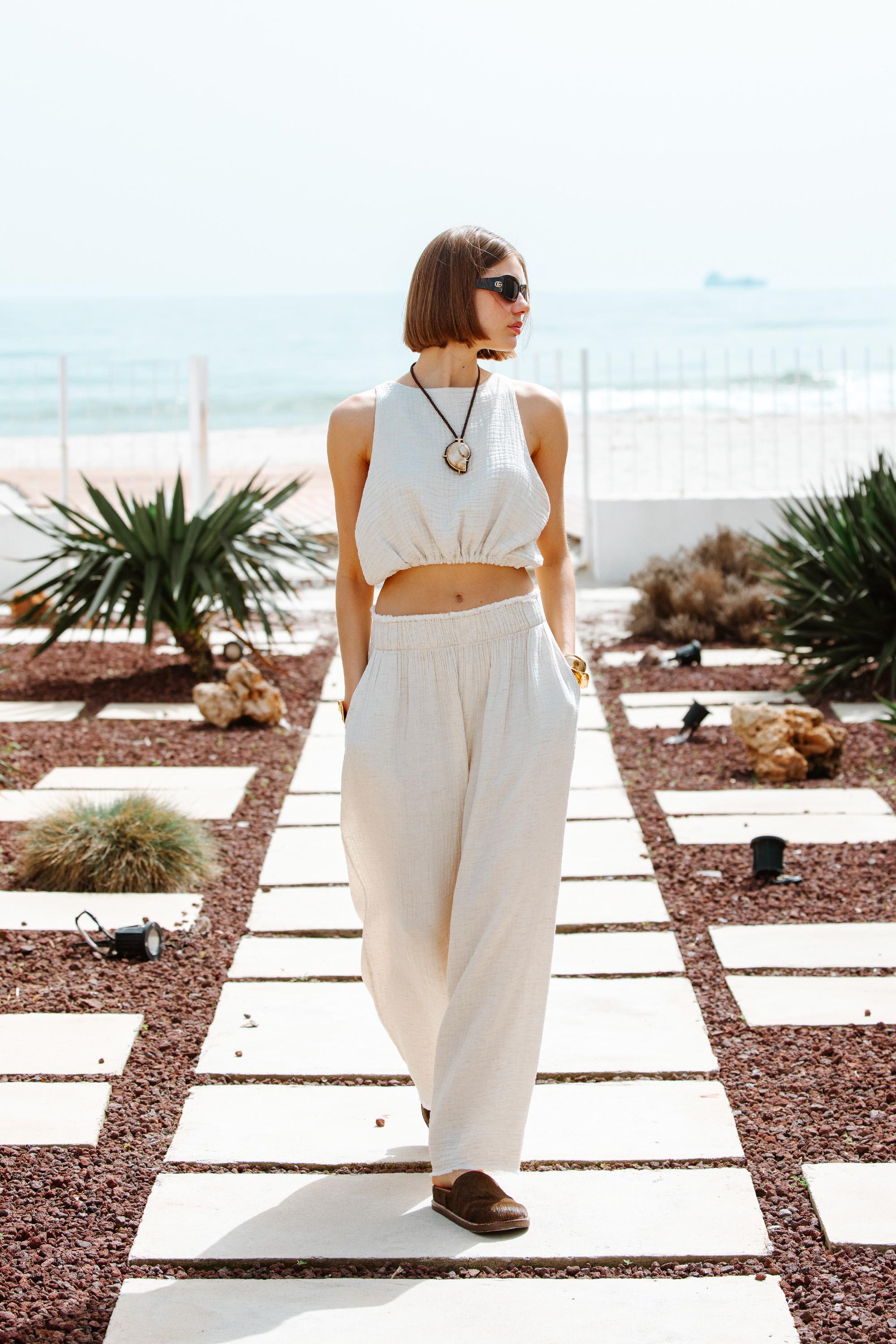 Crinkle Palazzo Pants | Cream Wide Leg Pants | Muslin Fabric