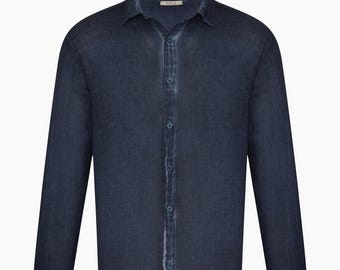 Camisa de lino azul marino para hombre / Camisa abotonada de lino y tencel