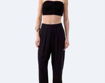 Black Linen Pleated Pants | Cotton-Linen Capri Pants