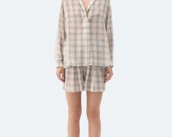 Camisa a cuadros gris / Camisa abotonada de algodón y lino
