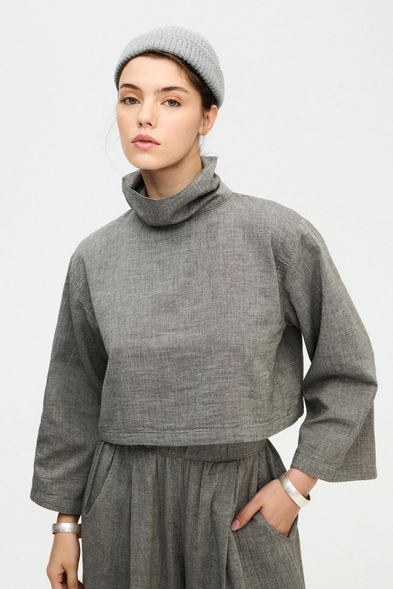 Grey High Neck Blouses Cotton Blouse Gray High Neck Top Grey Cotton Blouse Etsy
