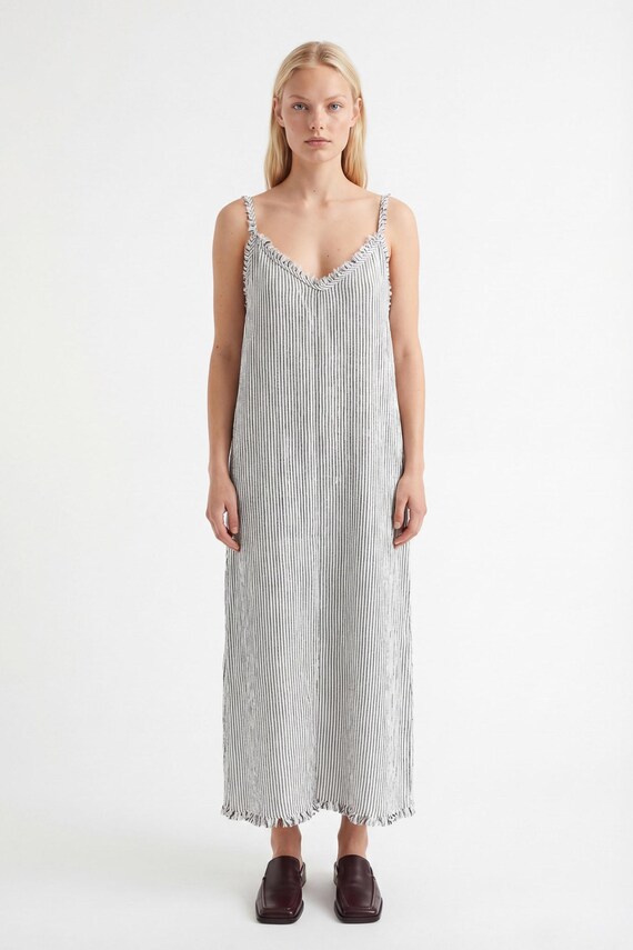 cotton strappy dress Striped Linen |cotton Strappy Dress | Long Dress Colour:Deco Green 30-off-bestsellers-july25 H&m Silver Short Prom Dresses intricate lacework and scalloped
