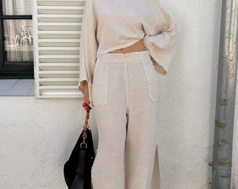 Crinkle Slit Pants | High Waist Palazzo Pants | Muslin Fabric Trousers | Cream Yoga Pants