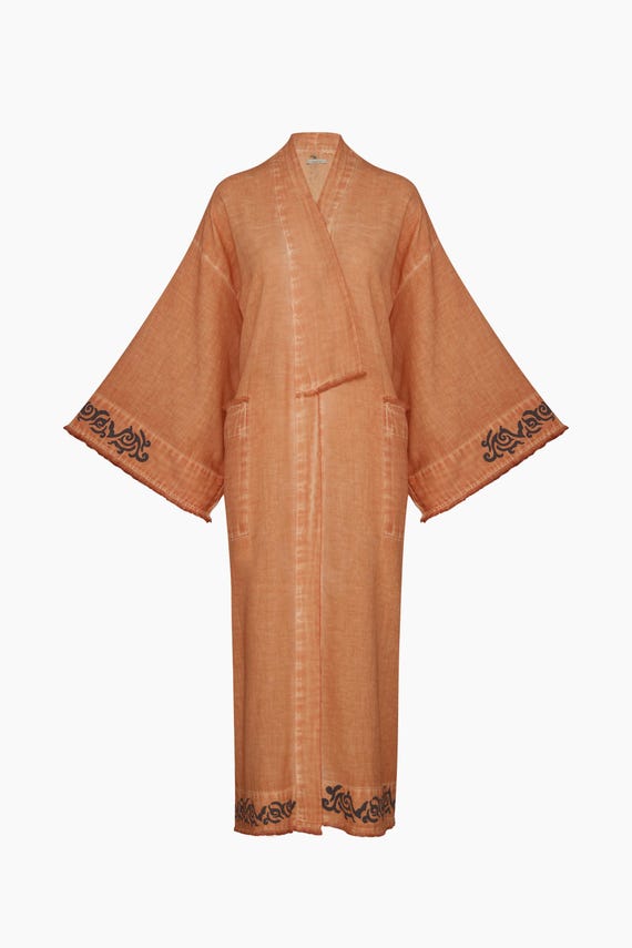 Gaia Linen Bohemian Kimono Jacket | Orange Unisex Kimono | Wood Block Printed Kimono Dress | Linen Japanese Robe