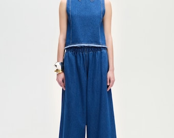 Blusa vaquera / Top holgado con cierre de botones en la espalda / Top corto de mezclilla en mezcla de lyocell con dobladillo deshilachado